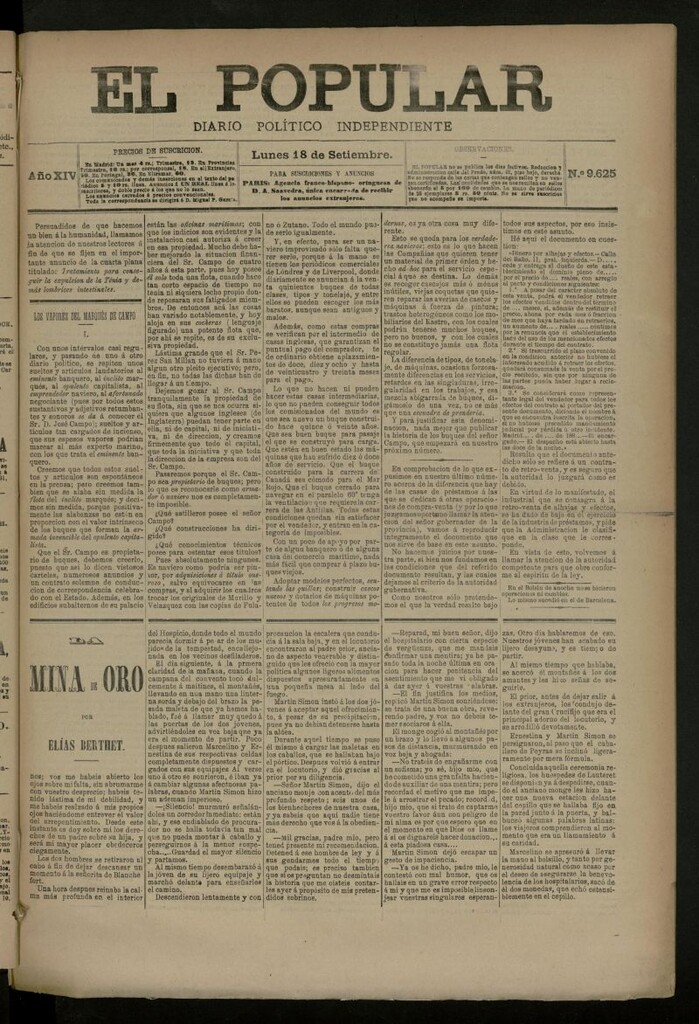 Miniatura de El Popular: diario independiente, político, literario y de noticias de interés general del 18 de septiembre de 1882, nº 9625