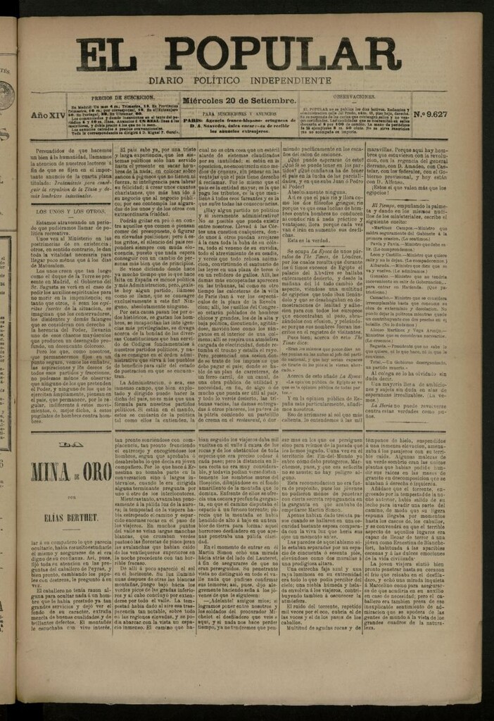 Miniatura de El Popular: diario independiente, político, literario y de noticias de interés general del 20 de septiembre de 1882, nº 9627