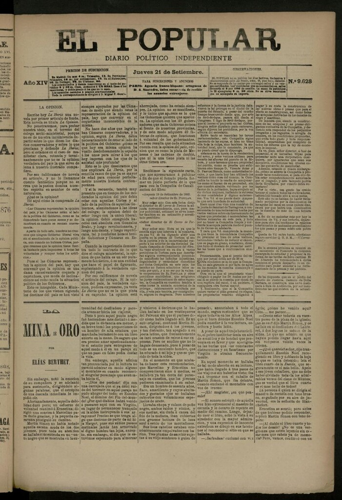 Miniatura de El Popular: diario independiente, político, literario y de noticias de interés general del 21 de septiembre de 1882, nº 9628