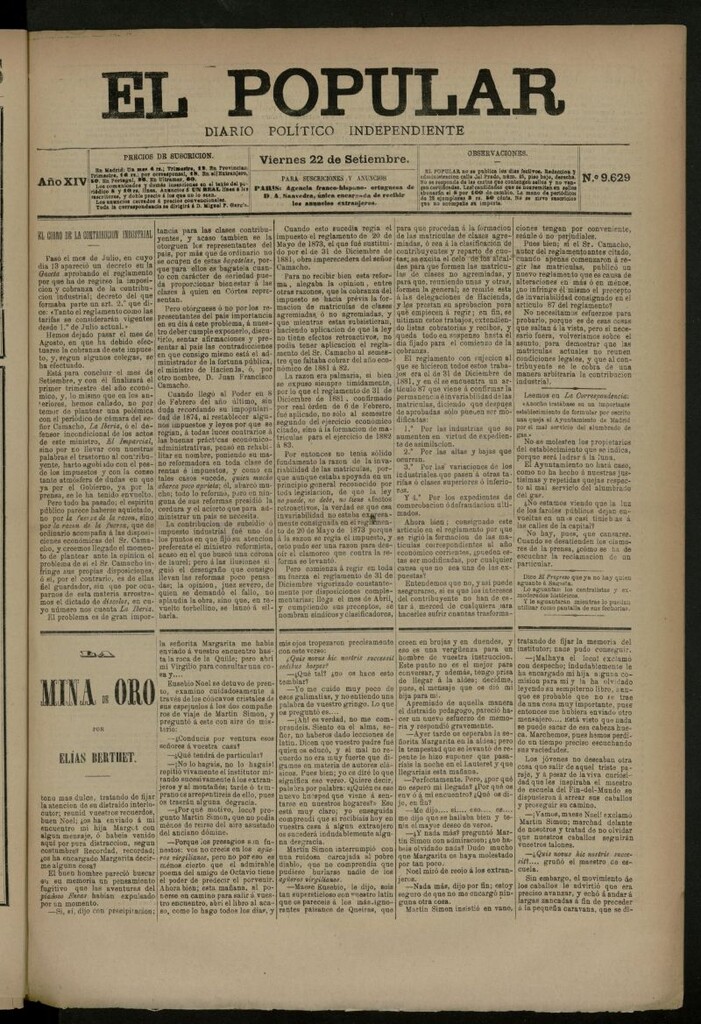 Miniatura de El Popular: diario independiente, político, literario y de noticias de interés general del 22 de septiembre de 1882, nº 9629