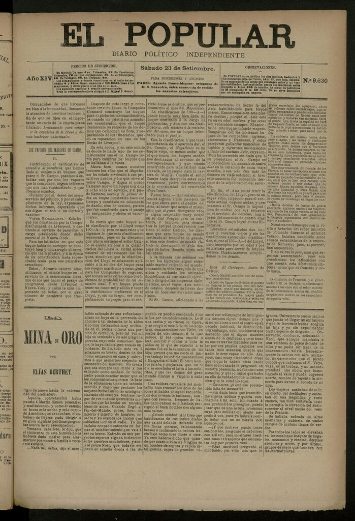 Miniatura de El Popular: diario independiente, político, literario y de noticias de interés general del 23 de septiembre de 1882, nº 9630