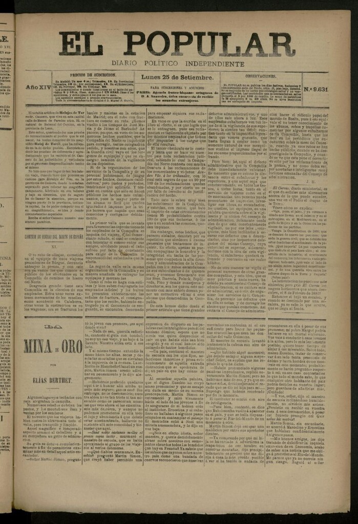 Miniatura de El Popular: diario independiente, político, literario y de noticias de interés general del 25 de septiembre de 1882, nº 9631