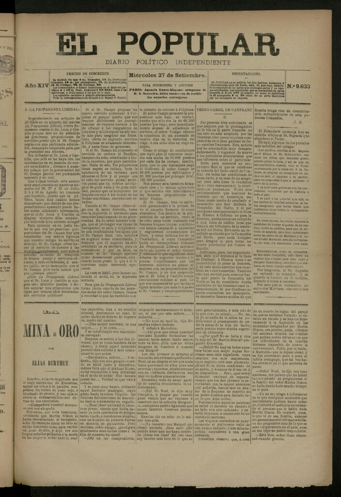 Miniatura de El Popular: diario independiente, político, literario y de noticias de interés general del 27 de septiembre de 1882, nº 9633
