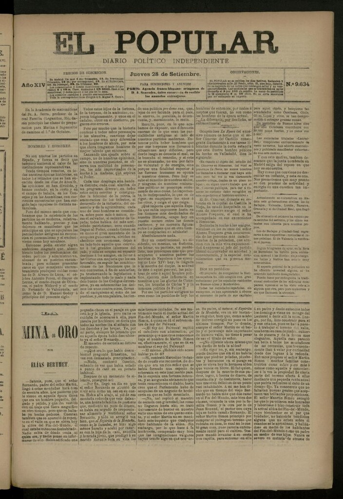 Miniatura de El Popular: diario independiente, político, literario y de noticias de interés general del 28 de septiembre de 1882, nº 9634