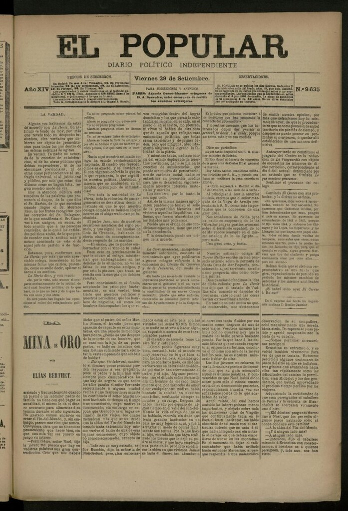 Miniatura de El Popular: diario independiente, político, literario y de noticias de interés general del 29 de septiembre de 1882, nº 9635