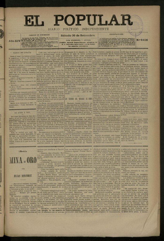 Miniatura de El Popular: diario independiente, político, literario y de noticias de interés general del 30 de septiembre de 1882, nº 9636