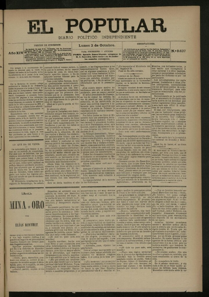Miniatura de El Popular: diario independiente, político, literario y de noticias de interés general del 2 de octubre de 1882, nº 9637