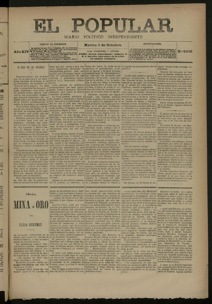 Miniatura de El Popular: diario independiente, político, literario y de noticias de interés general del 3 de octubre de 1882, nº 9638
