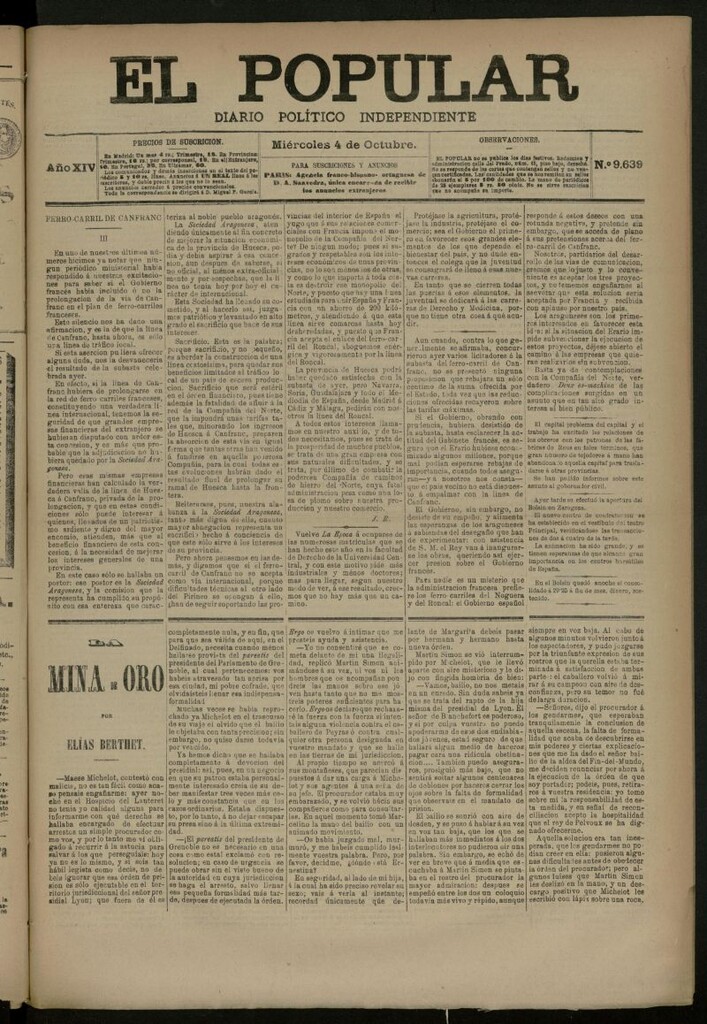 Miniatura de El Popular: diario independiente, político, literario y de noticias de interés general del 4 de octubre de 1882, nº 9639