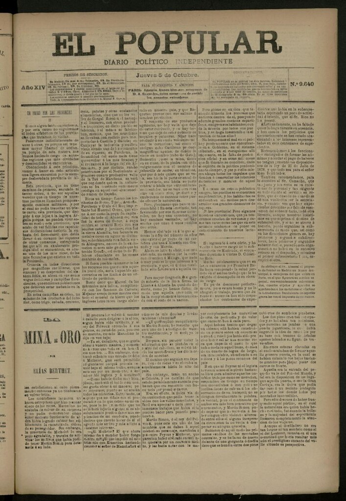 Miniatura de El Popular: diario independiente, político, literario y de noticias de interés general del 5 de octubre de 1882, nº 9640