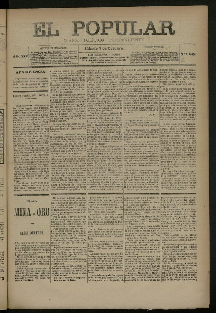 Miniatura de El Popular: diario independiente, político, literario y de noticias de interés general del 7 de octubre de 1882, nº 9642