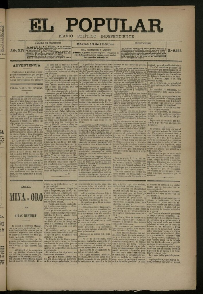 Miniatura de El Popular: diario independiente, político, literario y de noticias de interés general del 10 de octubre de 1882, nº 9644