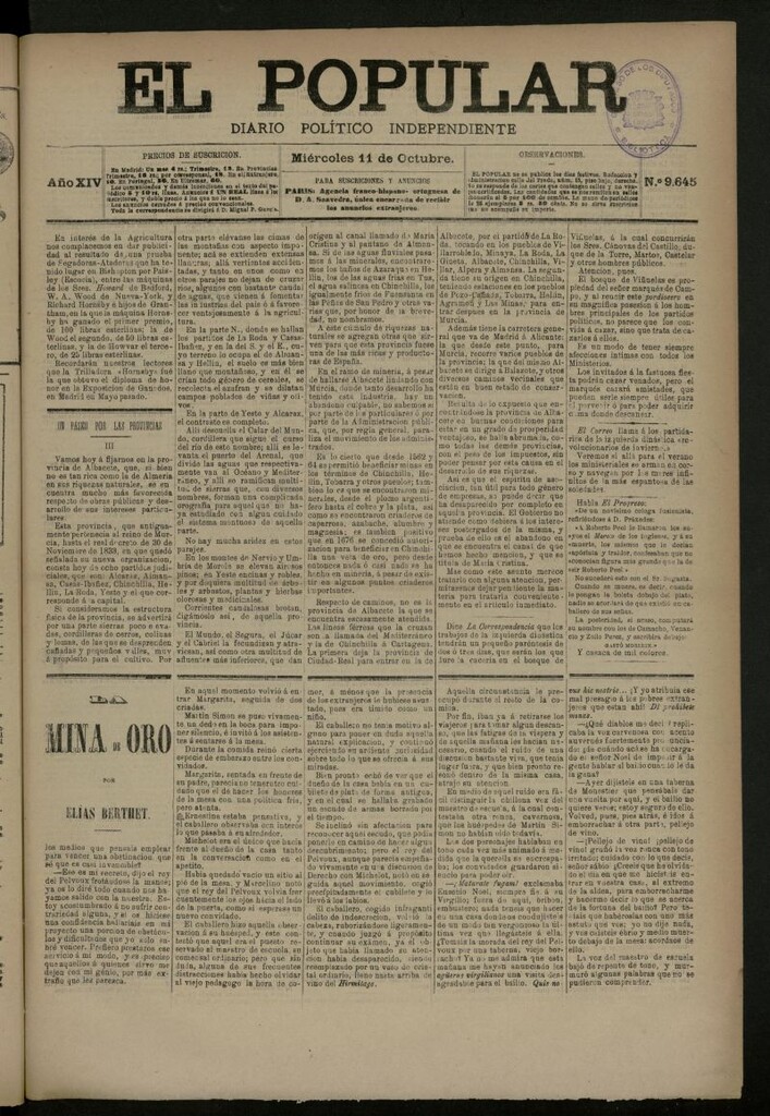 Miniatura de El Popular: diario independiente, político, literario y de noticias de interés general del 11 de octubre de 1882, nº 9645