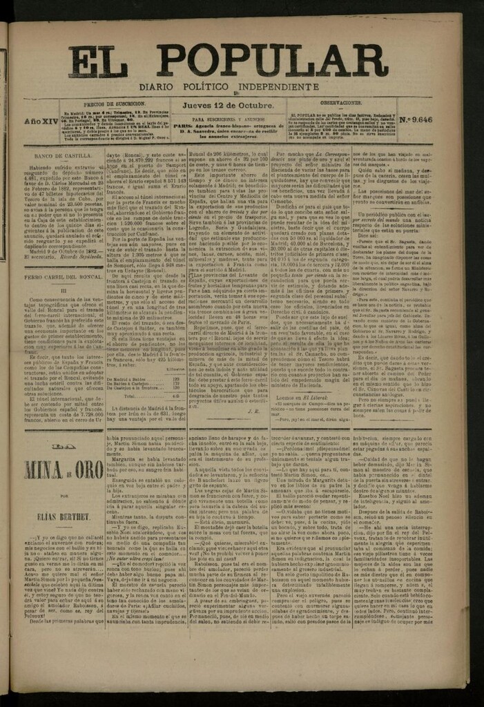 Miniatura de El Popular: diario independiente, político, literario y de noticias de interés general del 12 de octubre de 1882, nº 9646