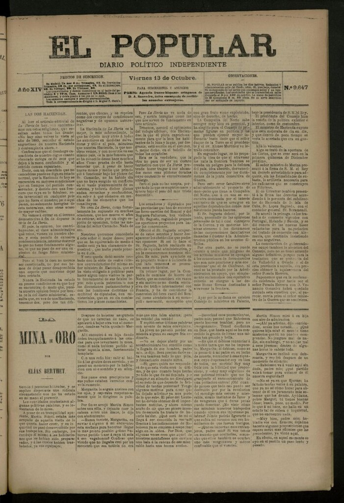 Miniatura de El Popular: diario independiente, político, literario y de noticias de interés general del 13 de octubre de 1882, nº 9647