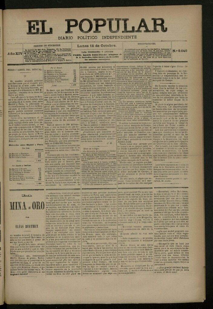 Miniatura de El Popular: diario independiente, político, literario y de noticias de interés general del 16 de octubre de 1882, nº 9649