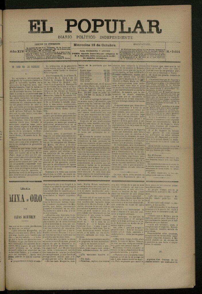 Miniatura de El Popular: diario independiente, político, literario y de noticias de interés general del 18 de octubre de 1882, nº 9651