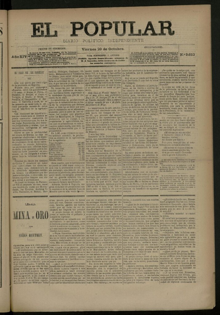 Miniatura de El Popular: diario independiente, político, literario y de noticias de interés general del 20 de octubre de 1882, nº 9653