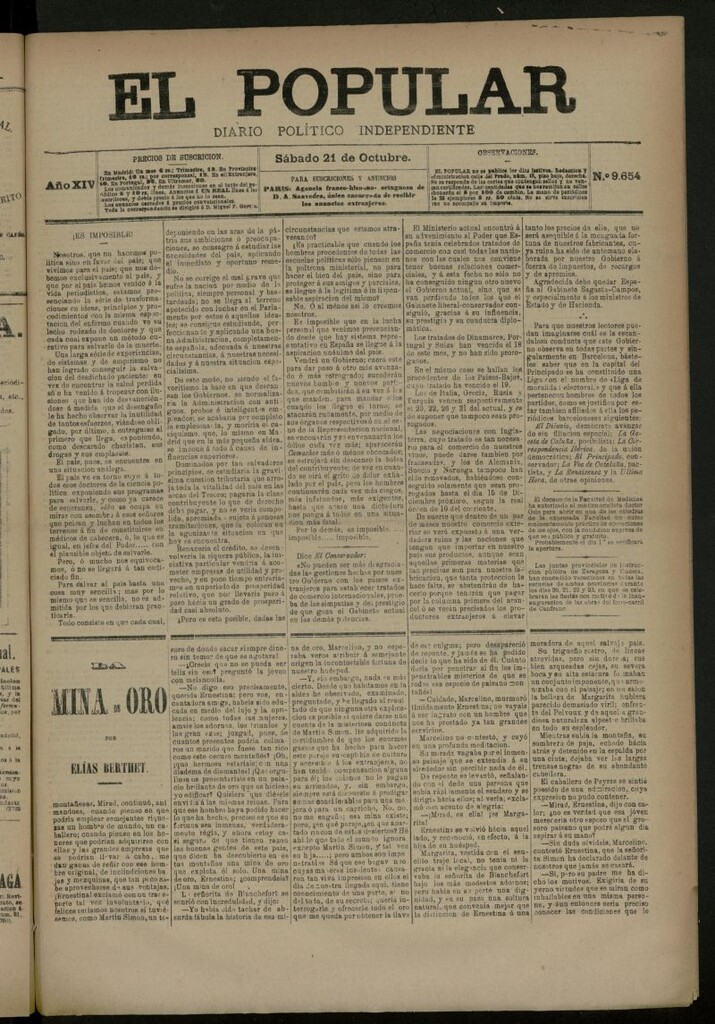 Miniatura de El Popular: diario independiente, político, literario y de noticias de interés general del 21 de octubre de 1882, nº 9654