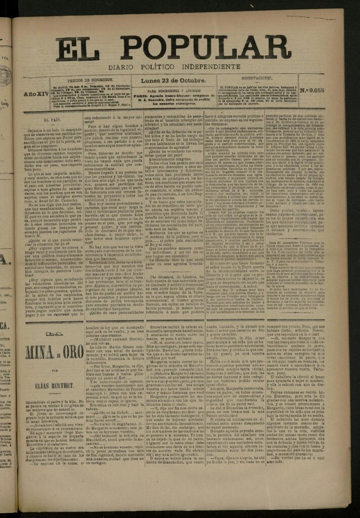 Miniatura de El Popular: diario independiente, político, literario y de noticias de interés general del 23 de octubre de 1882, nº 9655