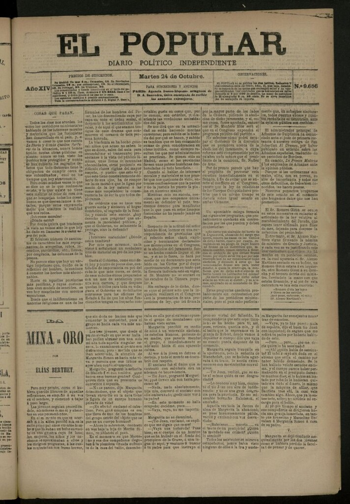 Miniatura de El Popular: diario independiente, político, literario y de noticias de interés general del 24 de octubre de 1882, nº 9656