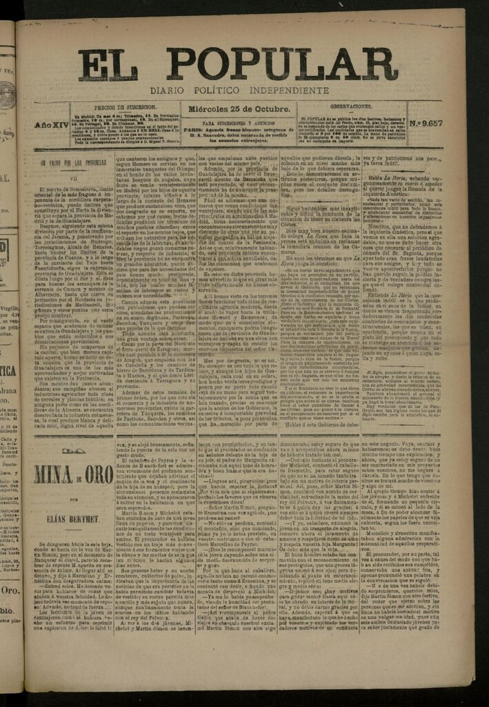Miniatura de El Popular: diario independiente, político, literario y de noticias de interés general del 25 de octubre de 1882, nº 9657