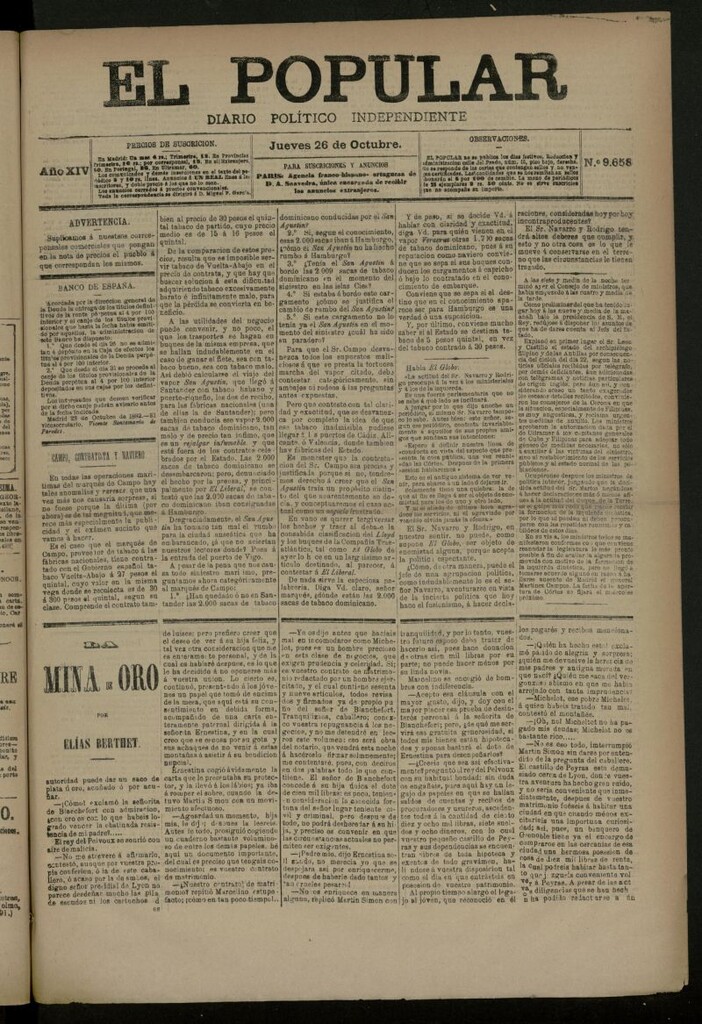 Miniatura de El Popular: diario independiente, político, literario y de noticias de interés general del 26 de octubre de 1882, nº 9658