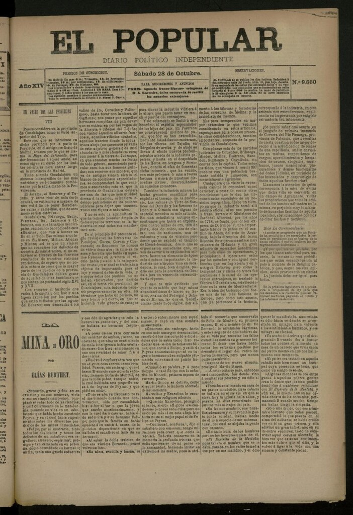 Miniatura de El Popular: diario independiente, político, literario y de noticias de interés general del 28 de octubre de 1882, nº 9660