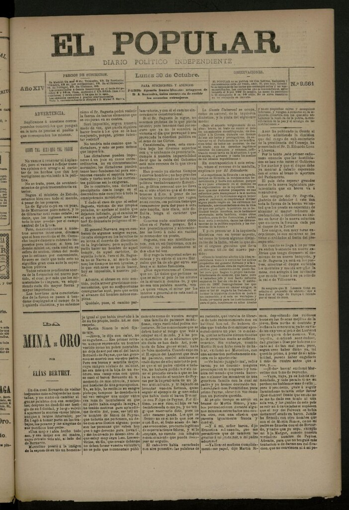 Miniatura de El Popular: diario independiente, político, literario y de noticias de interés general del 30 de octubre de 1882, nº 9661