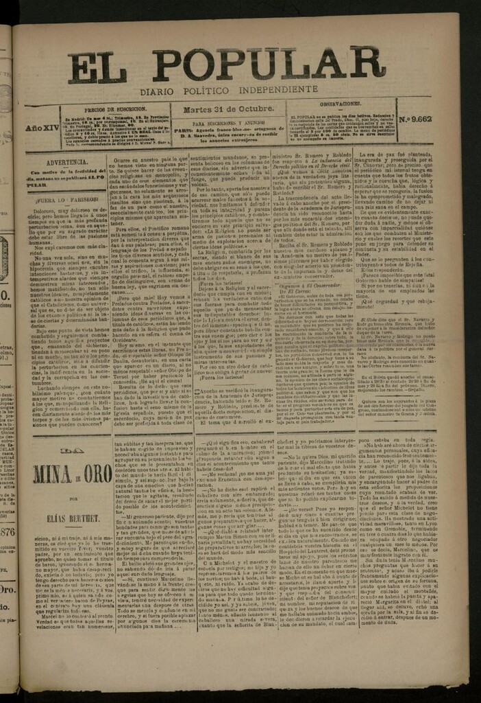 Miniatura de El Popular: diario independiente, político, literario y de noticias de interés general del 31 de octubre de 1882, nº 9662