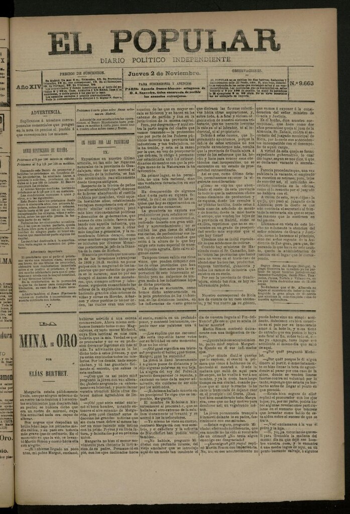 Miniatura de El Popular: diario independiente, político, literario y de noticias de interés general del 2 de noviembre de 1882, nº 9663