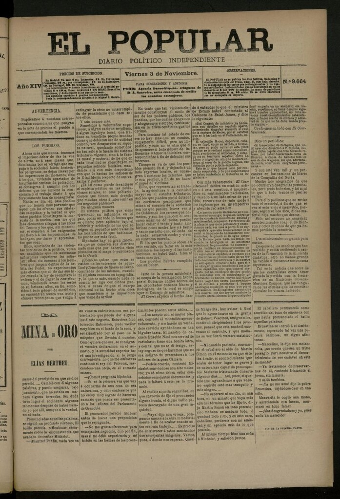 Miniatura de El Popular: diario independiente, político, literario y de noticias de interés general del 3 de noviembre de 1882, nº 9664