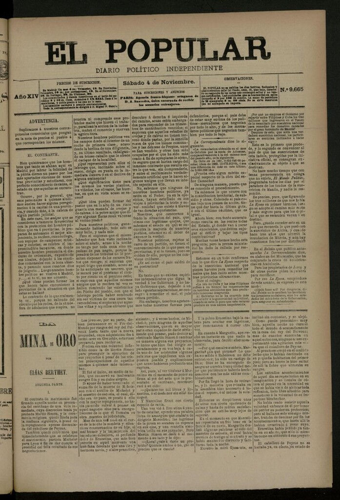 Miniatura de El Popular: diario independiente, político, literario y de noticias de interés general del 4 de noviembre de 1882, nº 9665