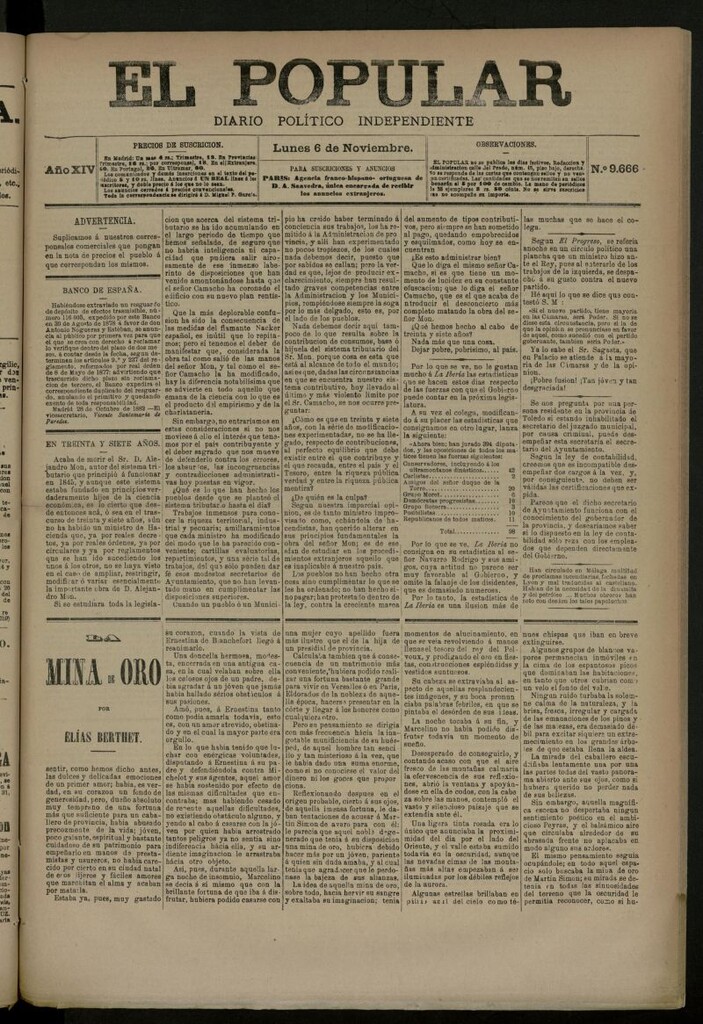 Miniatura de El Popular: diario independiente, político, literario y de noticias de interés general del 6 de noviembre de 1882, nº 9666