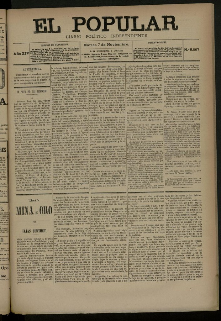 Miniatura de El Popular: diario independiente, político, literario y de noticias de interés general del 7 de noviembre de 1882, nº 9667