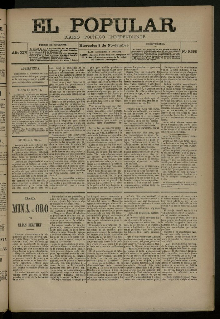 Miniatura de El Popular: diario independiente, político, literario y de noticias de interés general del 8 de noviembre de 1882, nº 9668