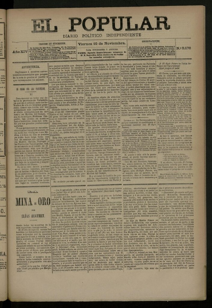 Miniatura de El Popular: diario independiente, político, literario y de noticias de interés general del 10 de noviembre de 1882, nº 9670
