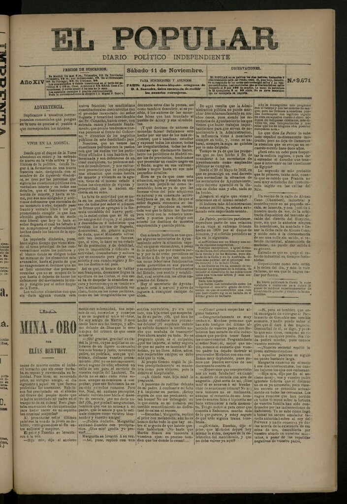 Miniatura de El Popular: diario independiente, político, literario y de noticias de interés general del 11 de noviembre de 1882, nº 9671