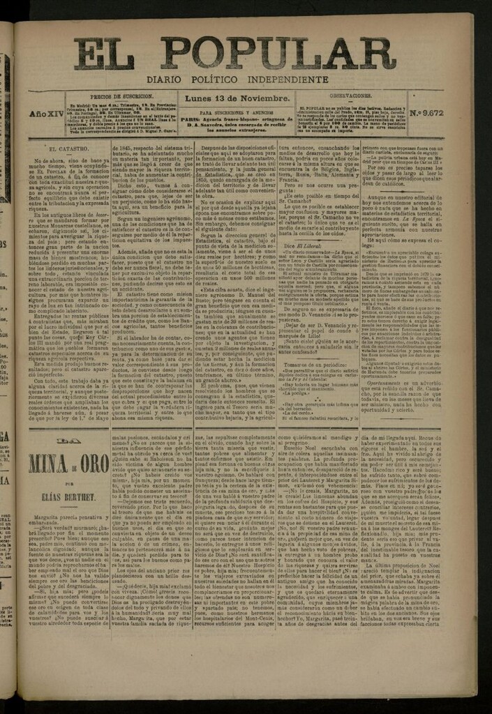 Miniatura de El Popular: diario independiente, político, literario y de noticias de interés general del 13 de noviembre de 1882, nº 9672