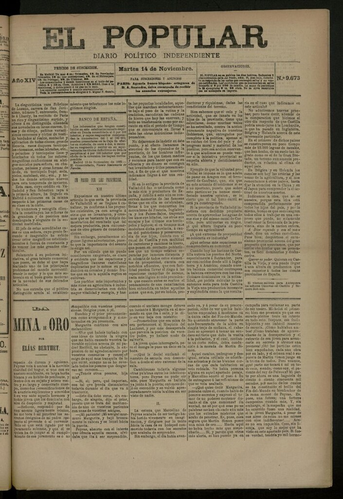 Miniatura de El Popular: diario independiente, político, literario y de noticias de interés general del 14 de noviembre de 1882, nº 9673