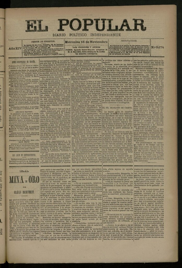 Miniatura de El Popular: diario independiente, político, literario y de noticias de interés general del 15 de noviembre de 1882, nº 9674