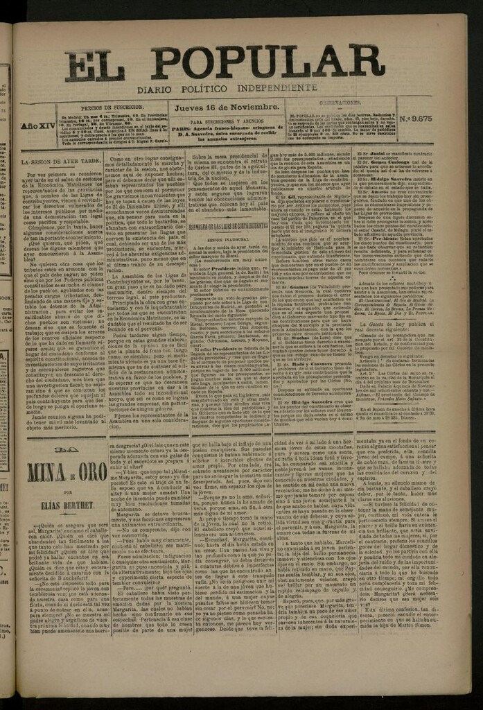 Miniatura de El Popular: diario independiente, político, literario y de noticias de interés general del 16 de noviembre de 1882, nº 9675
