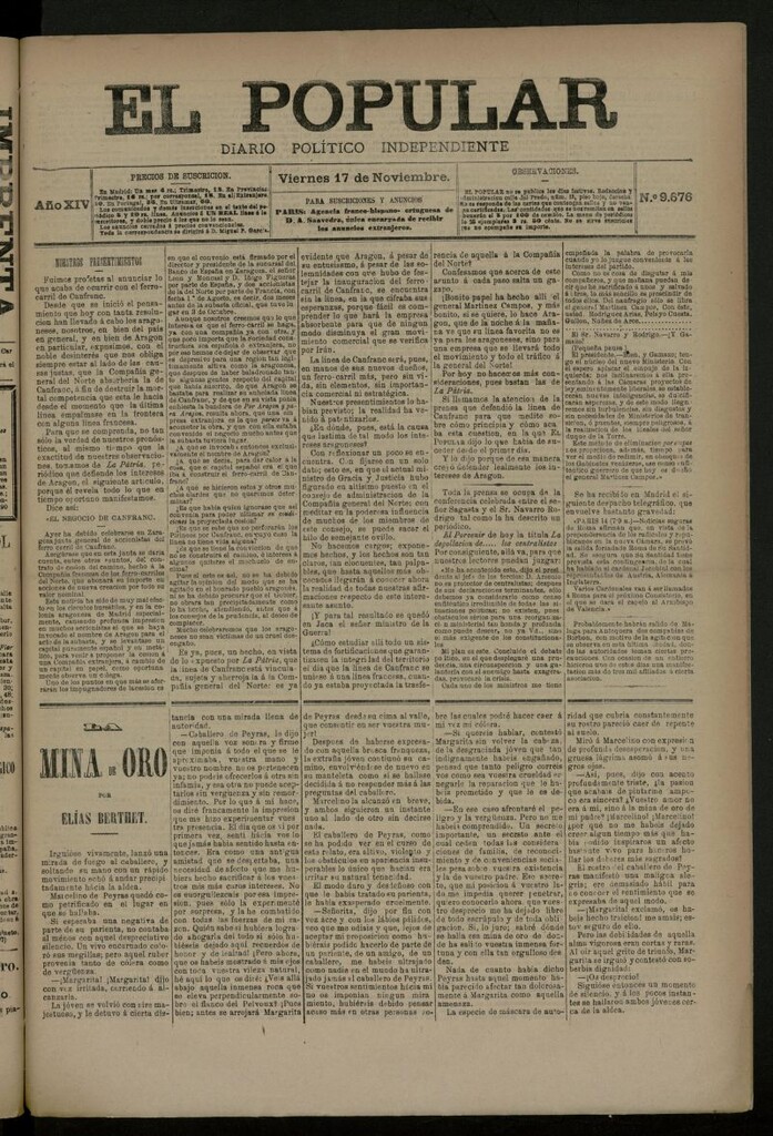 Miniatura de El Popular: diario independiente, político, literario y de noticias de interés general del 17 de noviembre de 1882, nº 9676