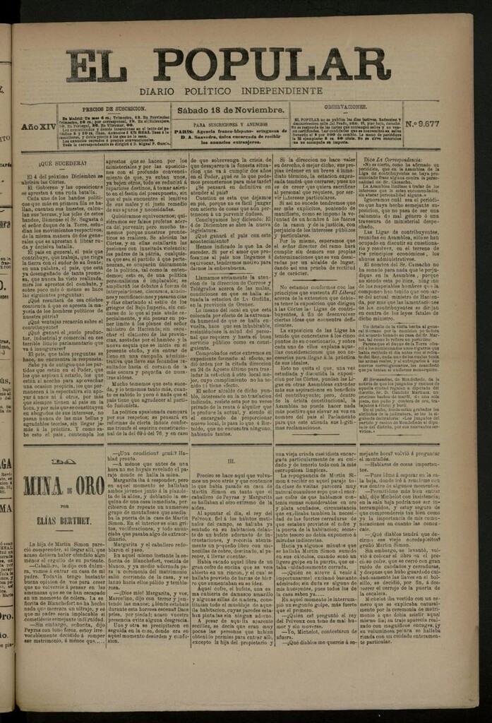 Miniatura de El Popular: diario independiente, político, literario y de noticias de interés general del 18 de noviembre de 1882, nº 9677