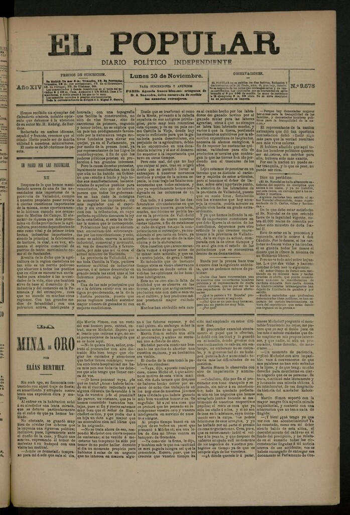 Miniatura de El Popular: diario independiente, político, literario y de noticias de interés general del 20 de noviembre de 1882, nº 9678