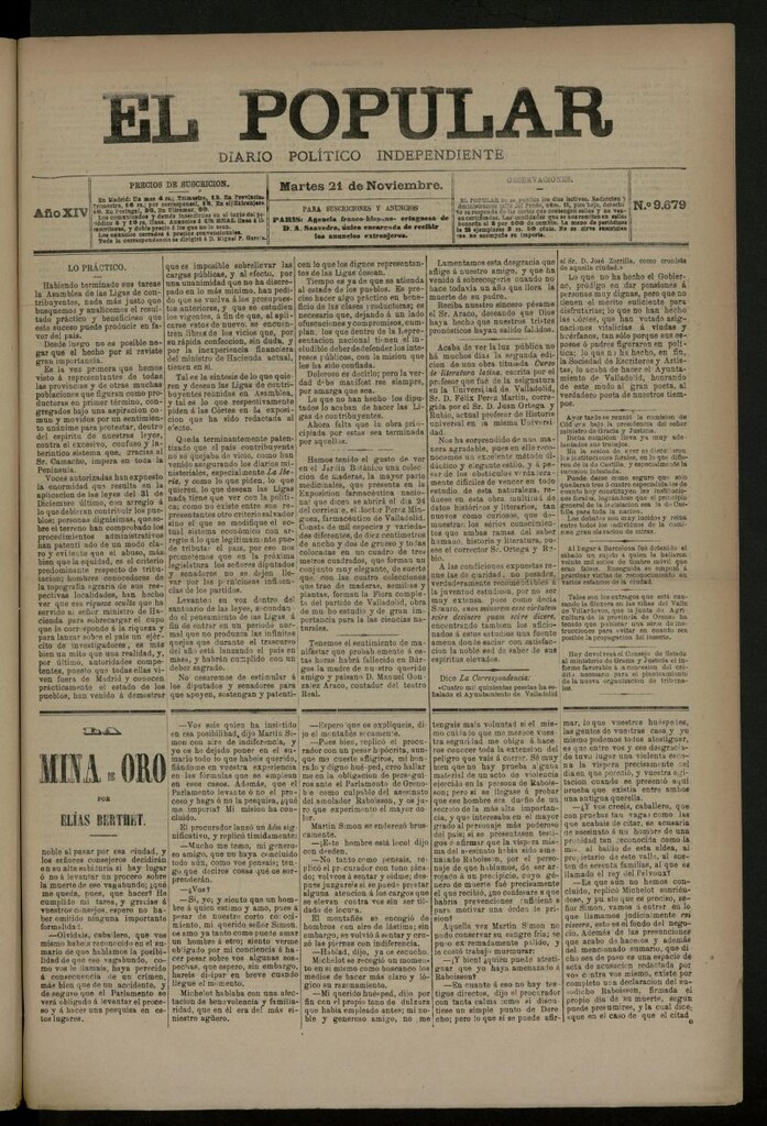 Miniatura de El Popular: diario independiente, político, literario y de noticias de interés general del 21 de noviembre de 1882, nº 9679