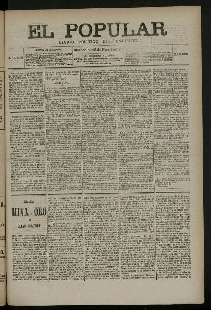 Miniatura de El Popular: diario independiente, político, literario y de noticias de interés general del 22 de noviembre de 1882, nº 9680