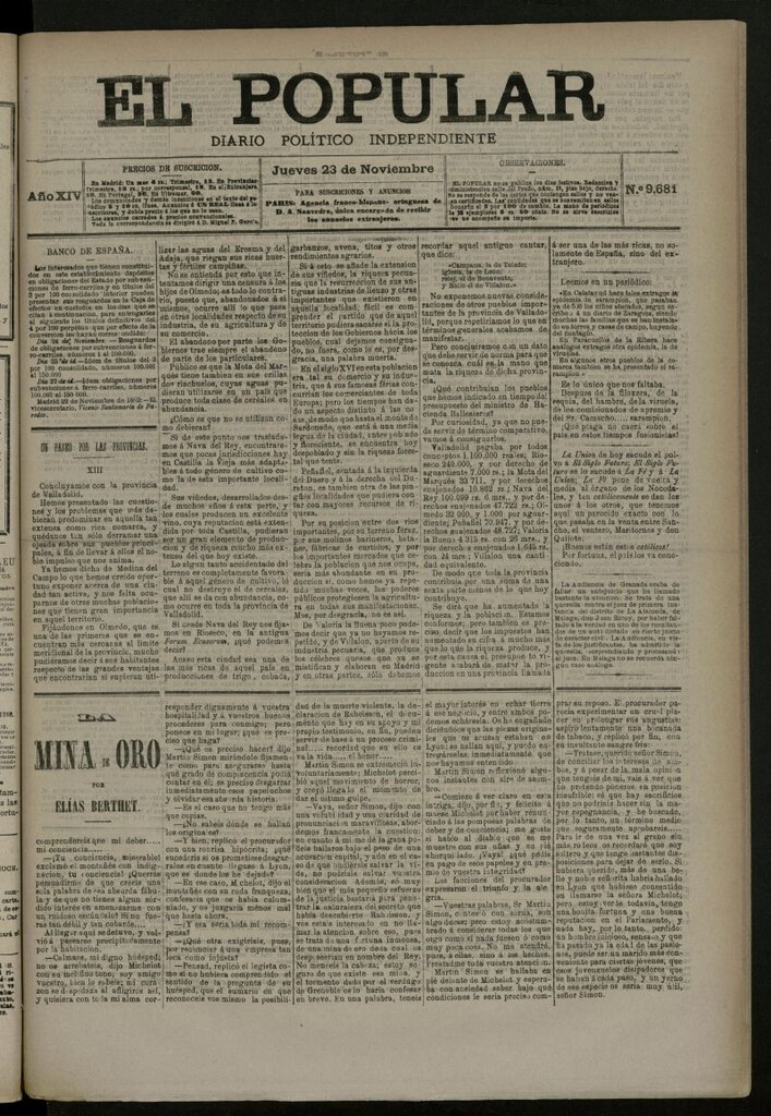 Miniatura de El Popular: diario independiente, político, literario y de noticias de interés general del 23 de noviembre de 1882, nº 9681