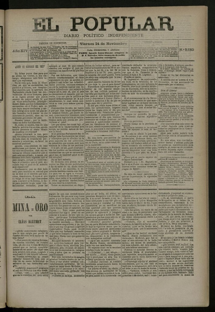 Miniatura de El Popular: diario independiente, político, literario y de noticias de interés general del 24 de noviembre de 1882, nº 9682