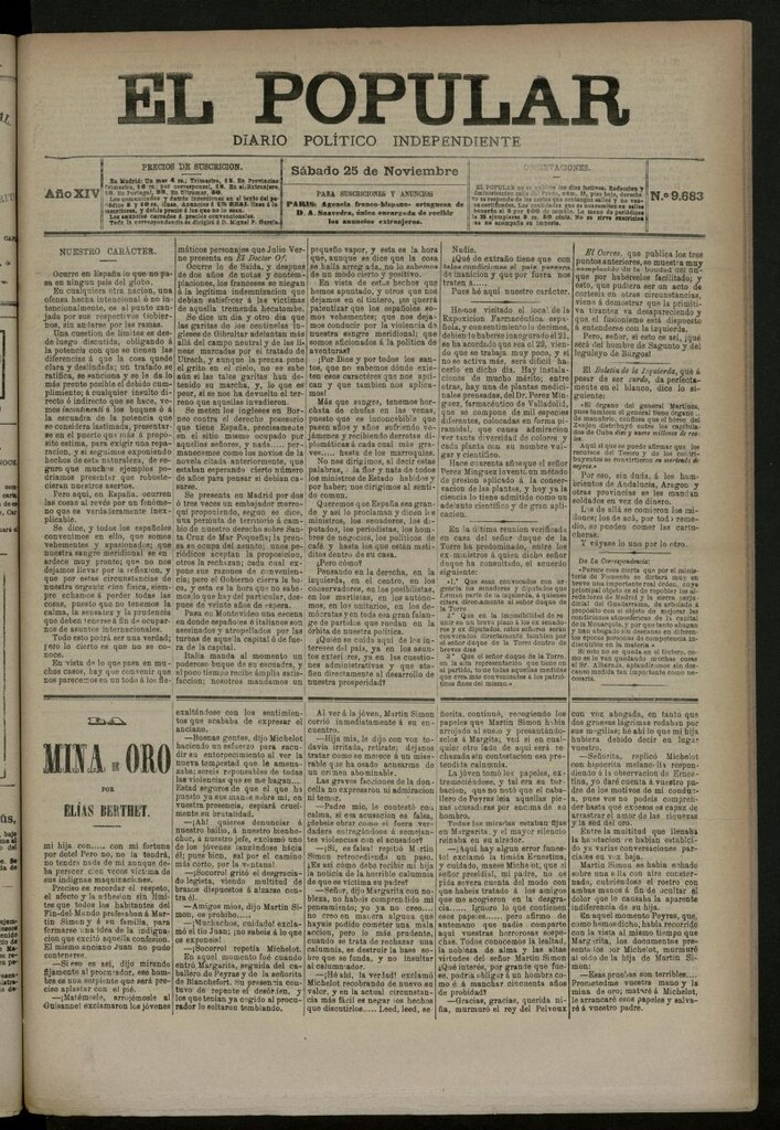 Miniatura de El Popular: diario independiente, político, literario y de noticias de interés general del 25 de noviembre de 1882, nº 9683